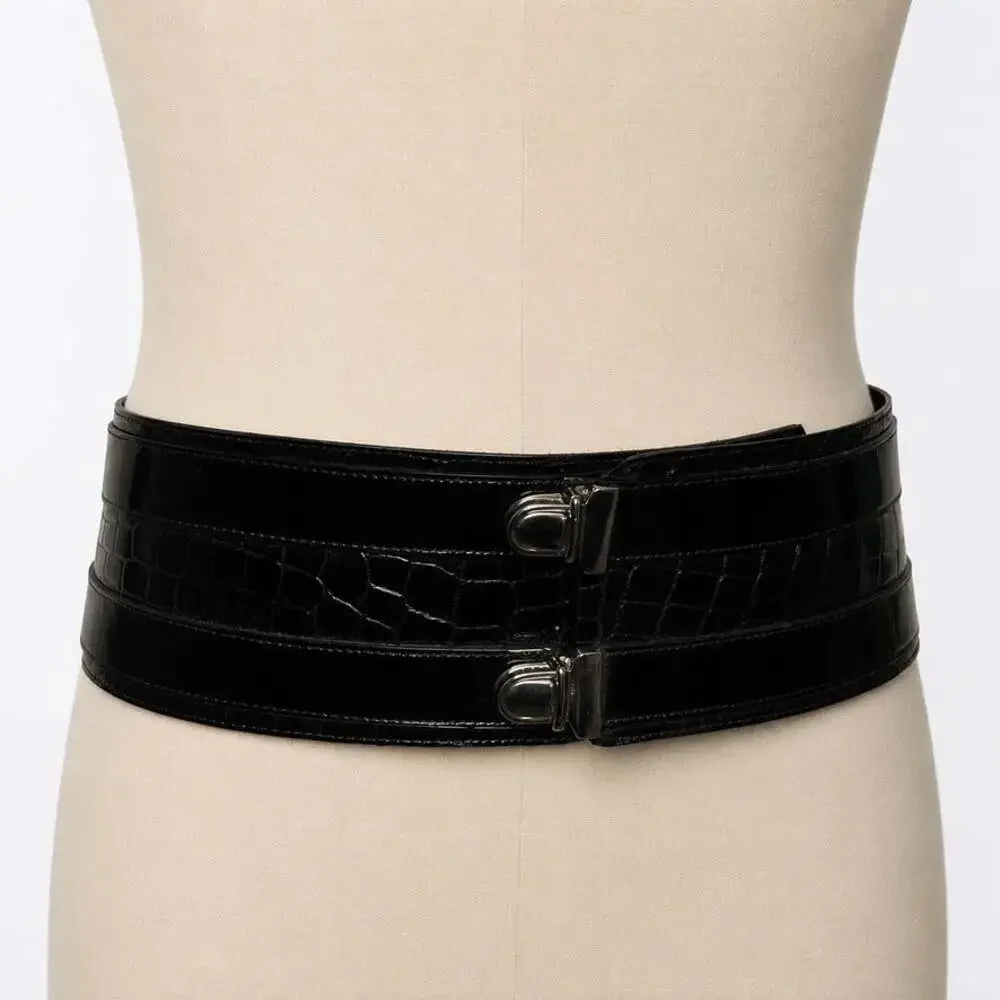 Leatherock extra wide corset belt Black Patent Leather Croc Double Buckle Med